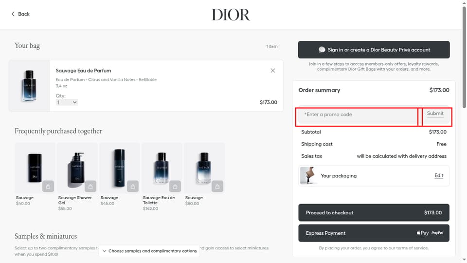 Dior checkout page showing the *Enter a promo code field and Submit button