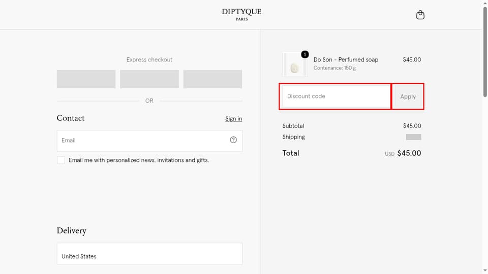 Diptyque checkout page showing the Discount code field and Apply button