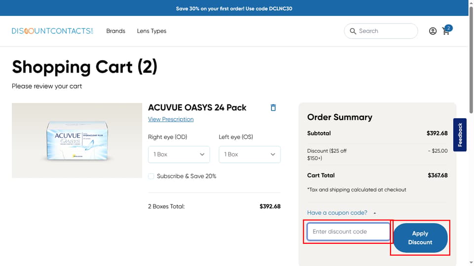 Discount Contacts checkout page showing the Enter discount code field and Apply Discount button