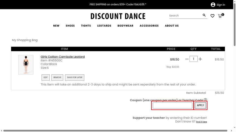 Discount Dance checkout page showing the Coupon (one coupon per order) or Teacher Code field and APPLY button