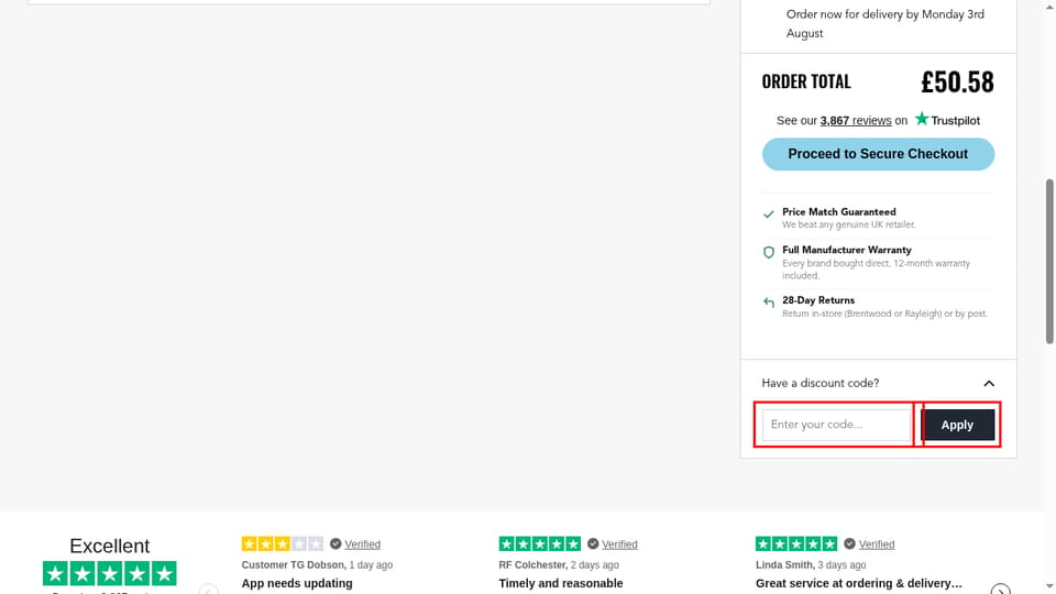 Discount Golf Store checkout page showing the Enter your code... field and Apply button