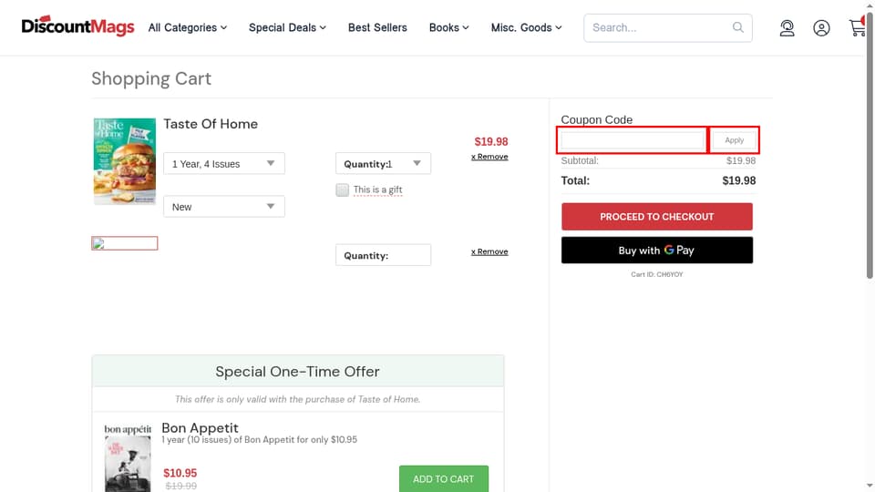 DiscountMags.com checkout page showing the Coupon Code field and Apply button