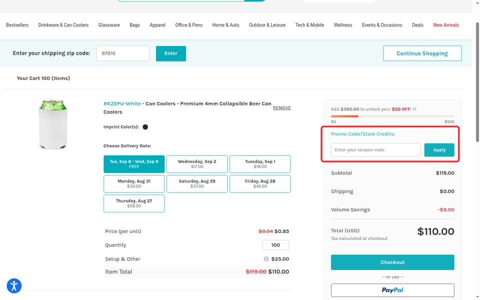 DiscountMugs checkout page showing the Enter your coupon code field and Apply button