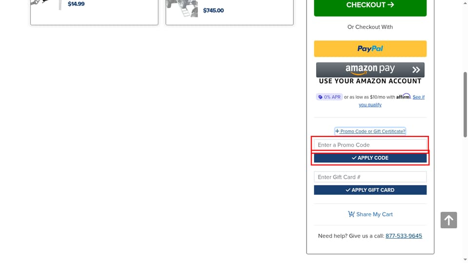Discount Ramps checkout page showing the Enter a Promo Code field and Apply Code button