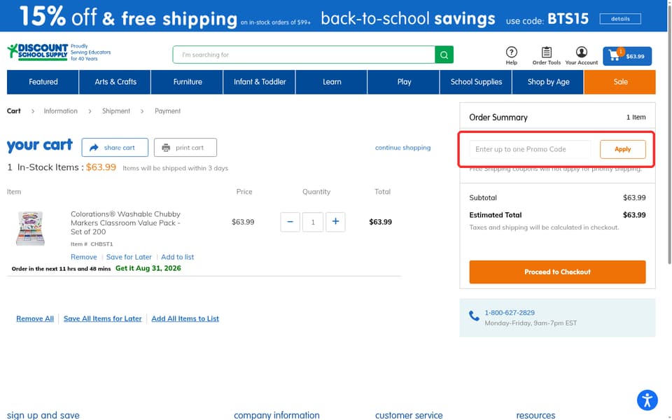 Discount School Supply checkout page showing the Enter up to one Promo Code field and Apply button