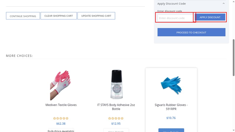 Discount Surgical checkout page showing the Enter discount code field and Apply Discount button