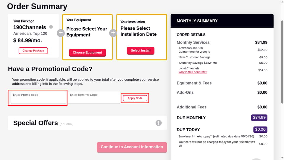 DISH checkout page showing the Enter Promo code field and Apply Code button