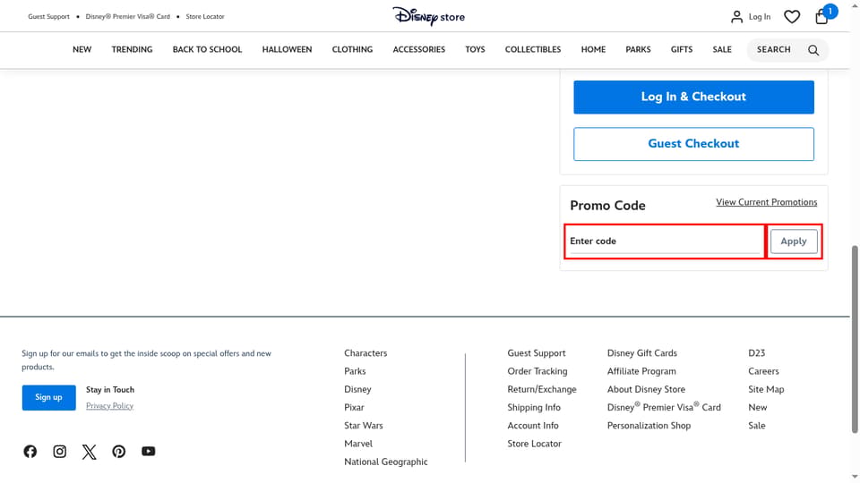 Disney Store checkout page showing the Enter code field and Apply button
