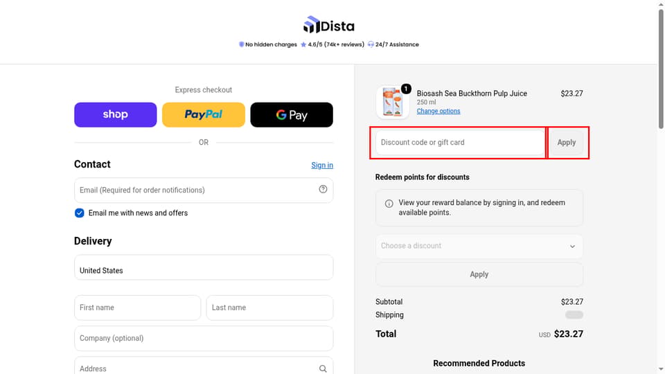 Distacart checkout page showing the Discount code or gift card field and Apply button