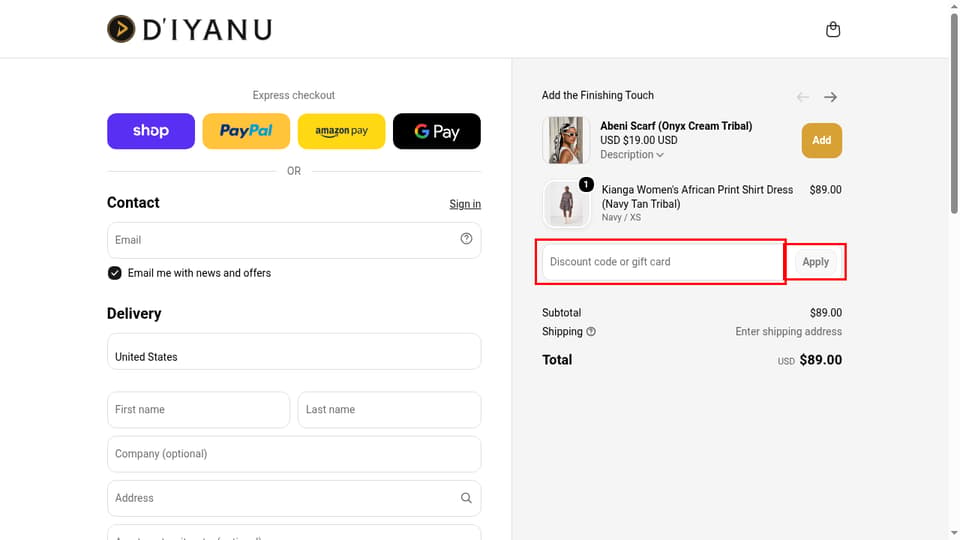 D’IYANU checkout page showing the Discount code or gift card field and Apply button