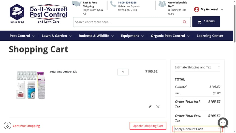 DIY Pest Control checkout page showing the Enter discount code field and Apply Discount button