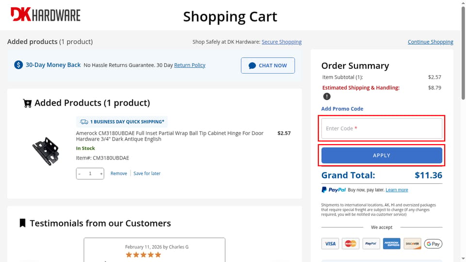 DK Hardware checkout page showing the Enter Code field and Apply button