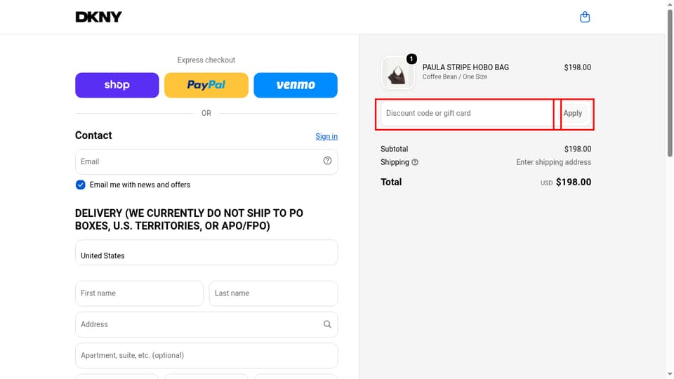 DKNY checkout page showing the Discount code or gift card field and Apply button