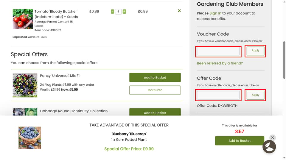 Dobies checkout page showing the If you have an offer code, please enter it below field and Apply button
