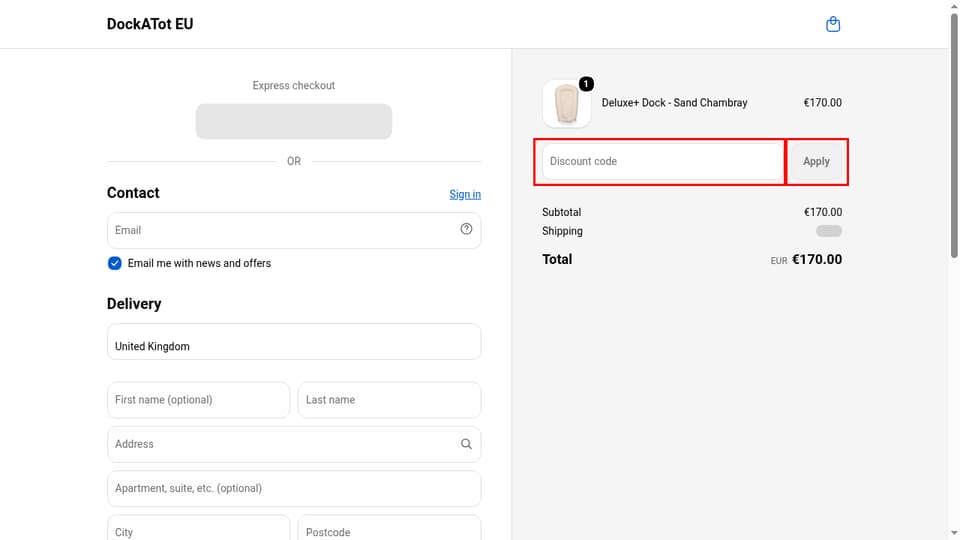 DockATot checkout page showing the Discount code field and Apply button