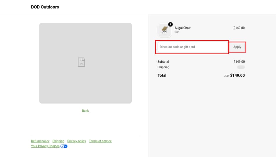 DOD Outdoors checkout page showing the Discount code or gift card field and Apply button