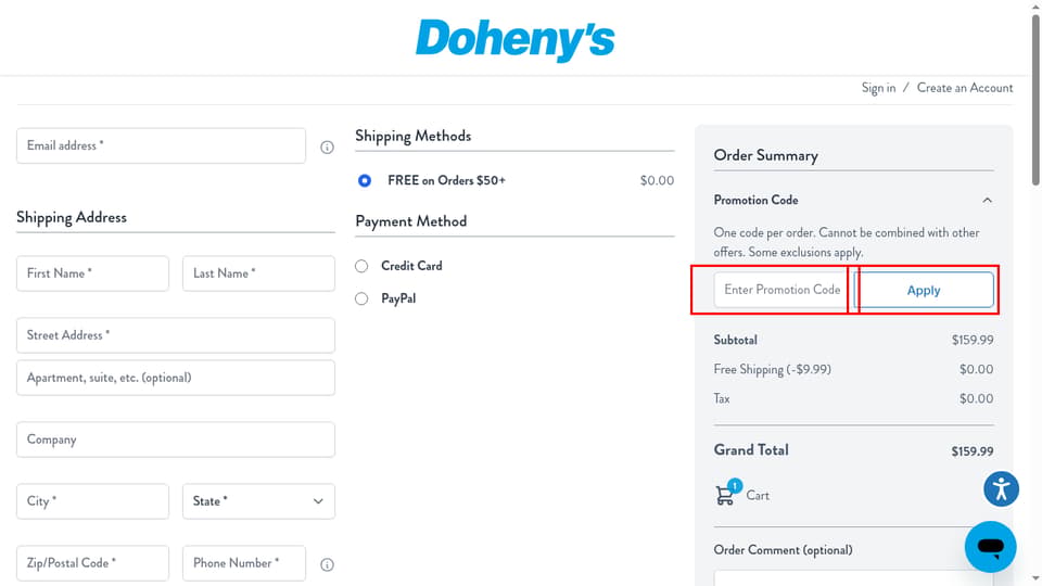 Doheny's checkout page showing the Enter Promotion Code field and Apply button