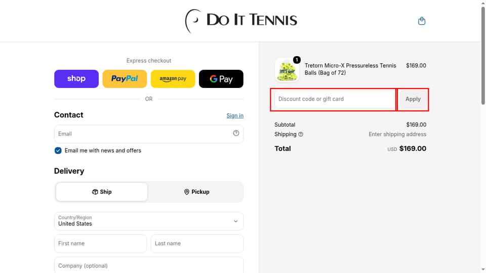 Do It Tennis checkout page showing the Discount code or gift card field and Apply button