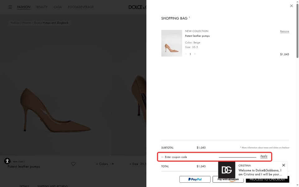 Dolce & Gabbana checkout page showing the promoCode field and Apply button
