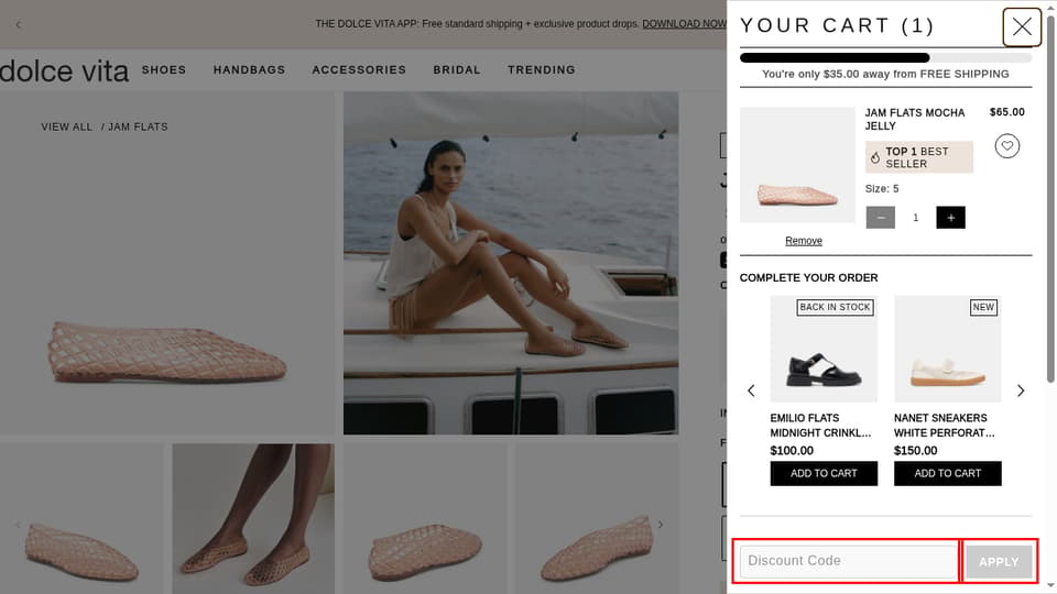 Dolce Vita checkout page showing the Discount Code field and APPLY button