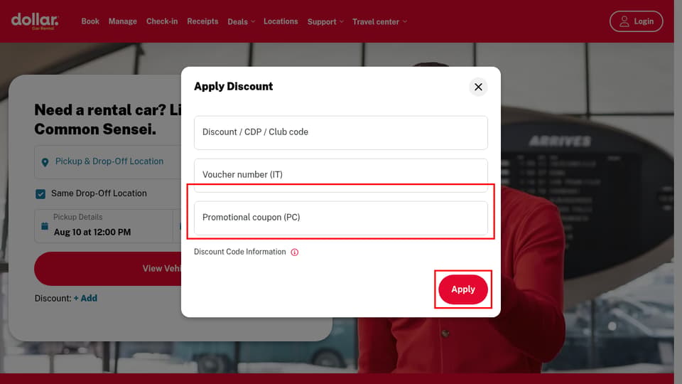 Dollar Rent A Car checkout page showing the Promotional coupon (PC) field and Apply button