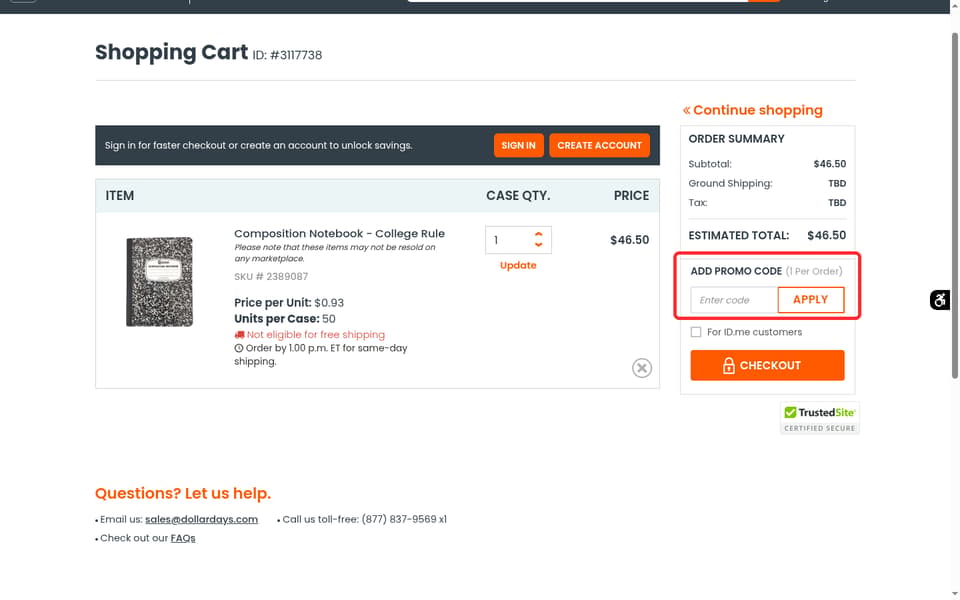 DollarDays checkout page showing the Enter code field and Apply button
