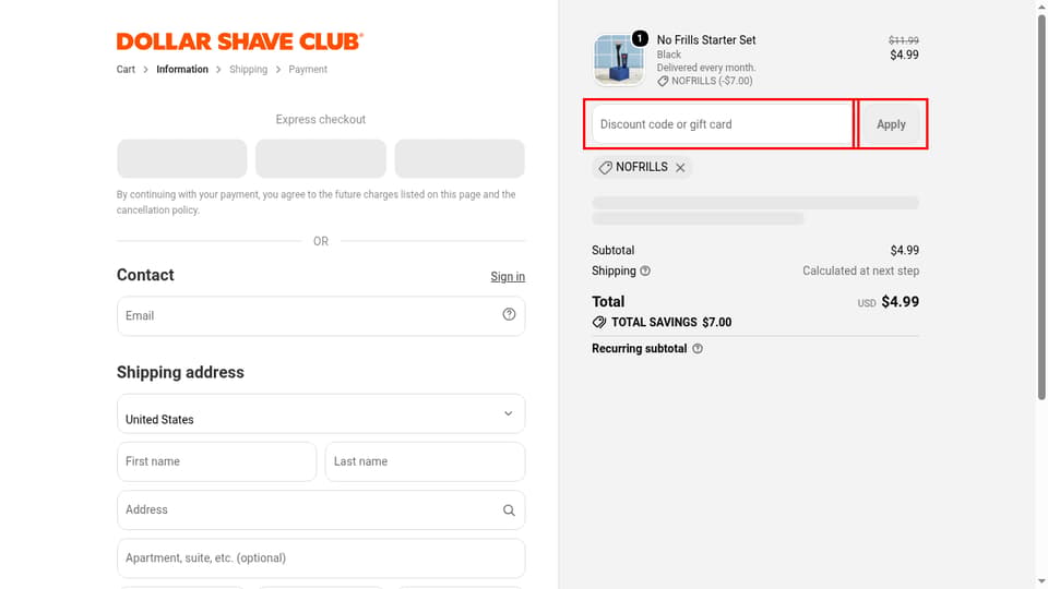 Dollar Shave Club checkout page showing the Discount code or gift card field and Apply button
