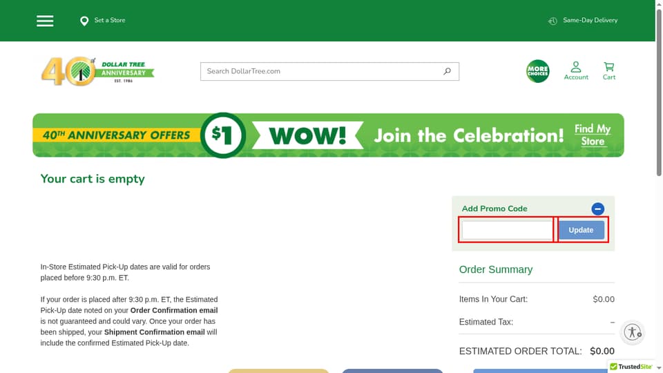 Dollar Tree checkout page showing the Enter Promo Code field and Update button