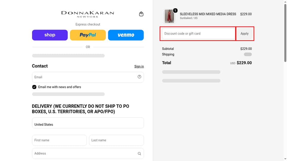 Donna Karan checkout page showing the Discount code or gift card field and Apply button