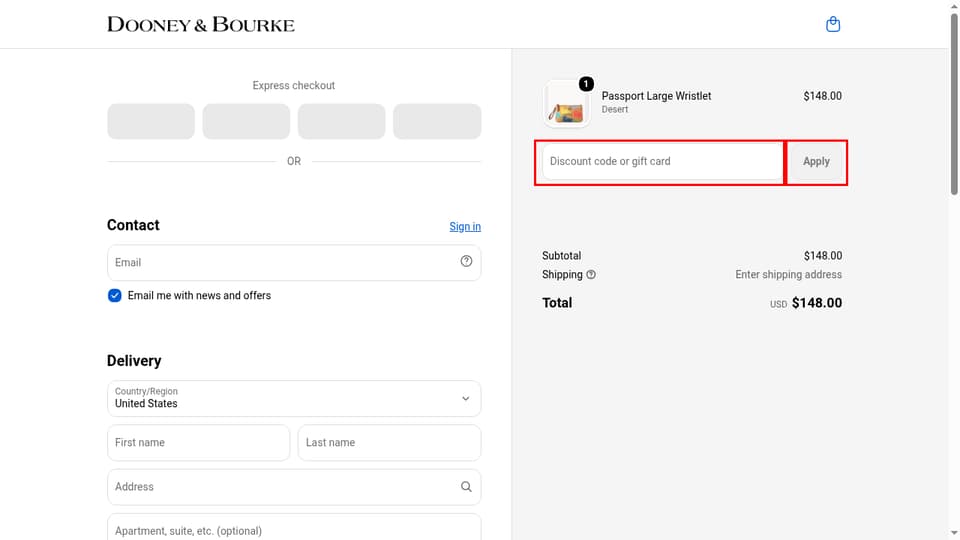 Dooney & Bourke checkout page showing the Discount code or gift card field and Apply button