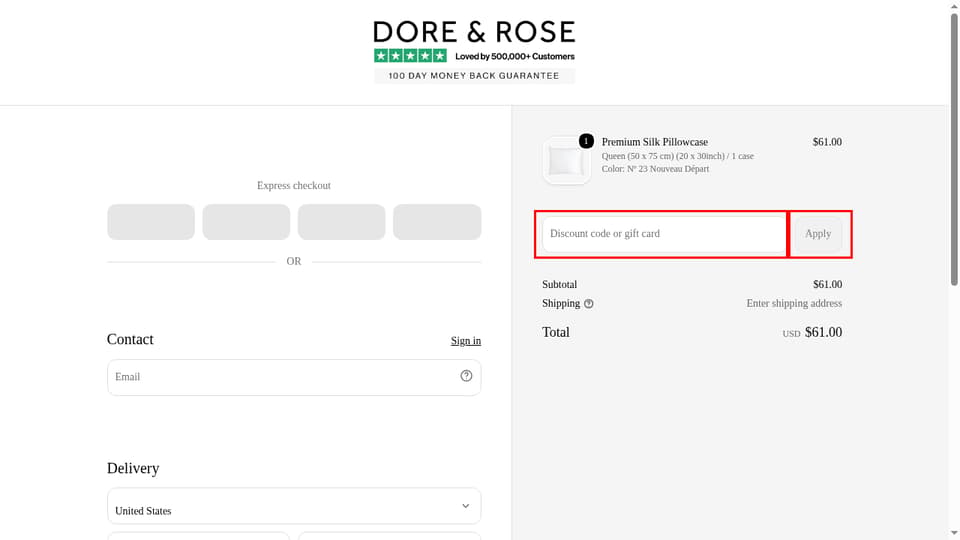 Dore & Rose checkout page showing the Discount code or gift card field and Apply button