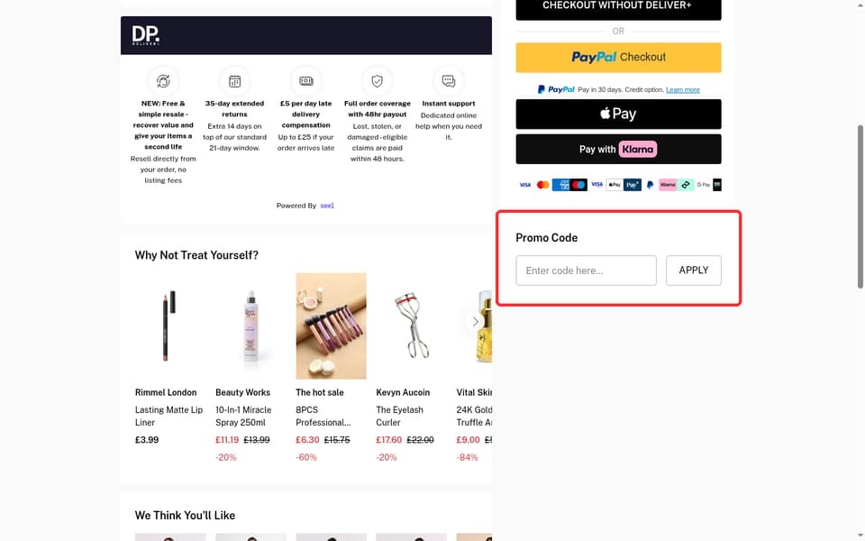 Dorothy Perkins checkout page showing the Enter code here... field and Apply button