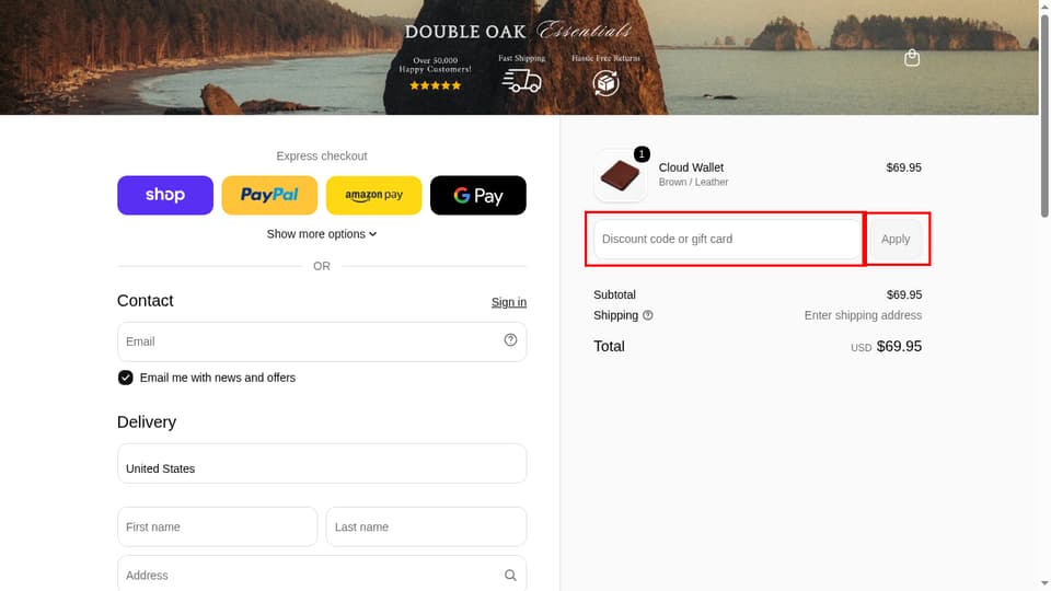 Double Oak Essentials checkout page showing the Discount code or gift card field and Apply button