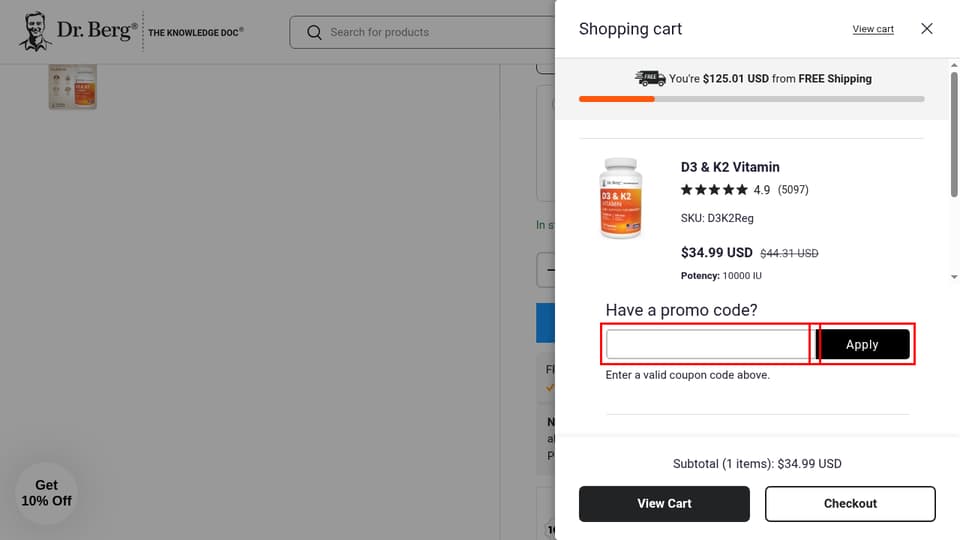 Dr. Berg checkout page showing the Enter a valid coupon code. field and Apply button