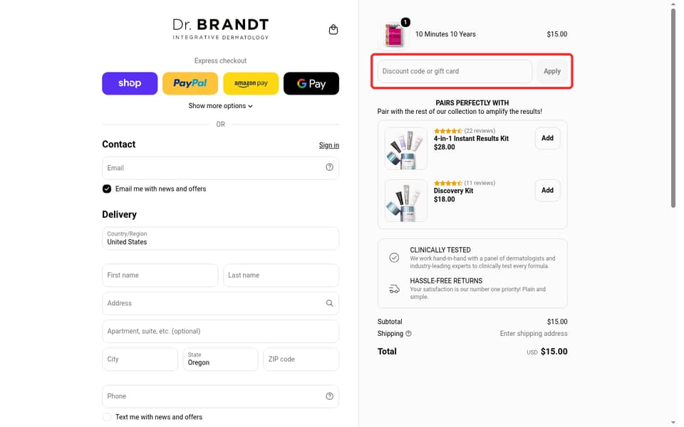 Dr. Brandt checkout page showing the Discount code or gift card field and Apply button
