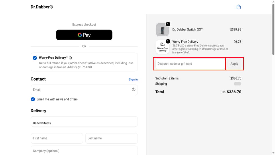 Dr.Dabber checkout page showing the Discount code or gift card field and Apply button