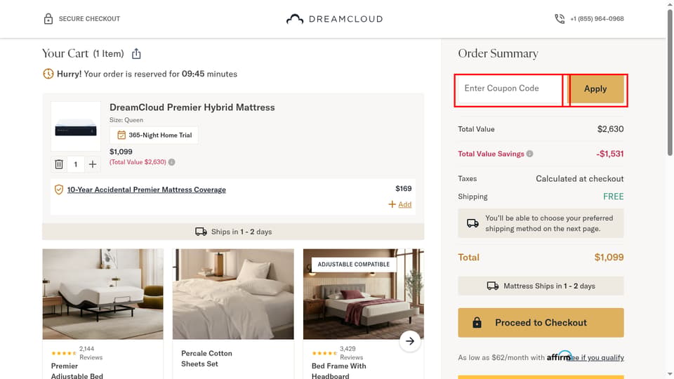 DreamCloud checkout page showing the Enter Coupon Code field and Apply button