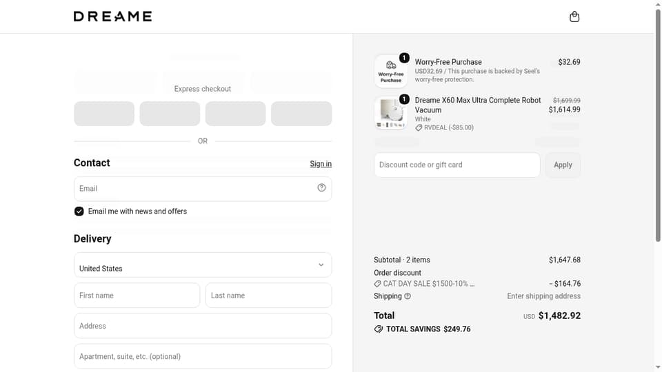 Dreame checkout page showing the Discount code or gift card field and Apply button