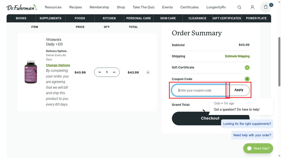 Dr. Fuhrman checkout page showing the Enter your coupon code field and Apply button