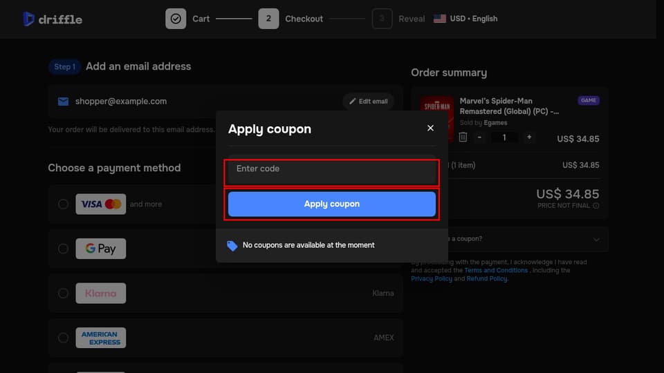 Driffle checkout page showing the Enter code field and Apply coupon button