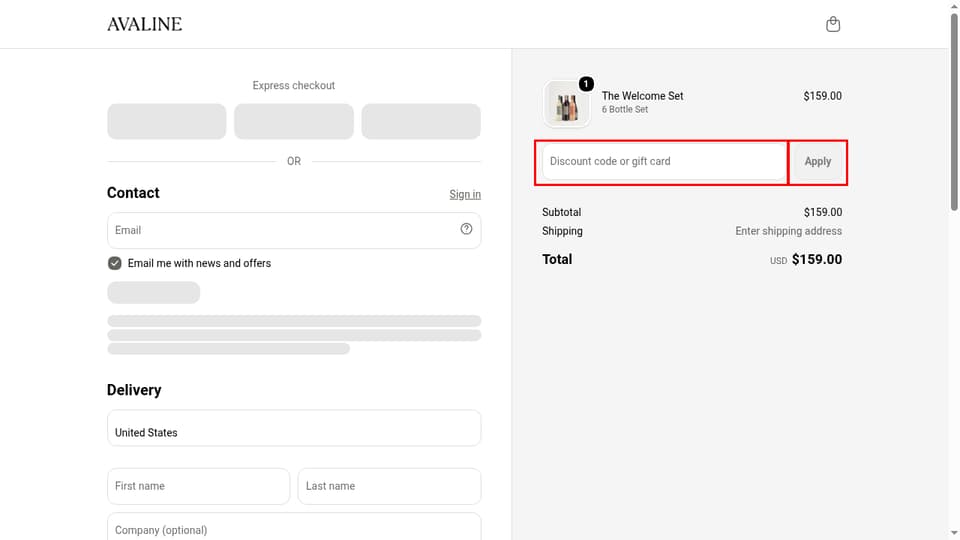 Avaline checkout page showing the Discount code or gift card field and Apply button