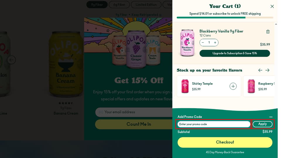OLIPOP checkout page showing the Enter your promo code field and Apply button