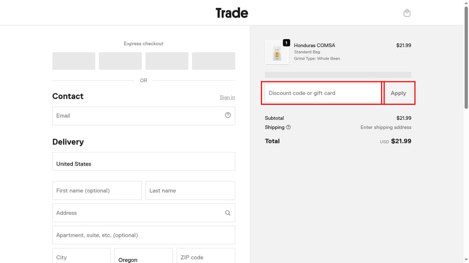 Trade Coffee checkout page showing the Discount code or gift card field and Apply button