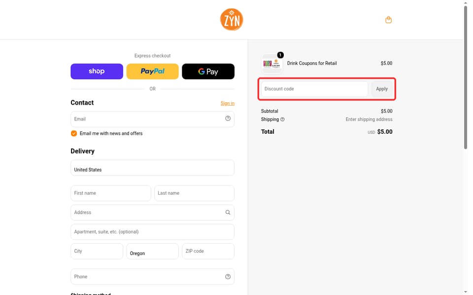 Drink ZYN checkout page showing the Discount code field and Apply button