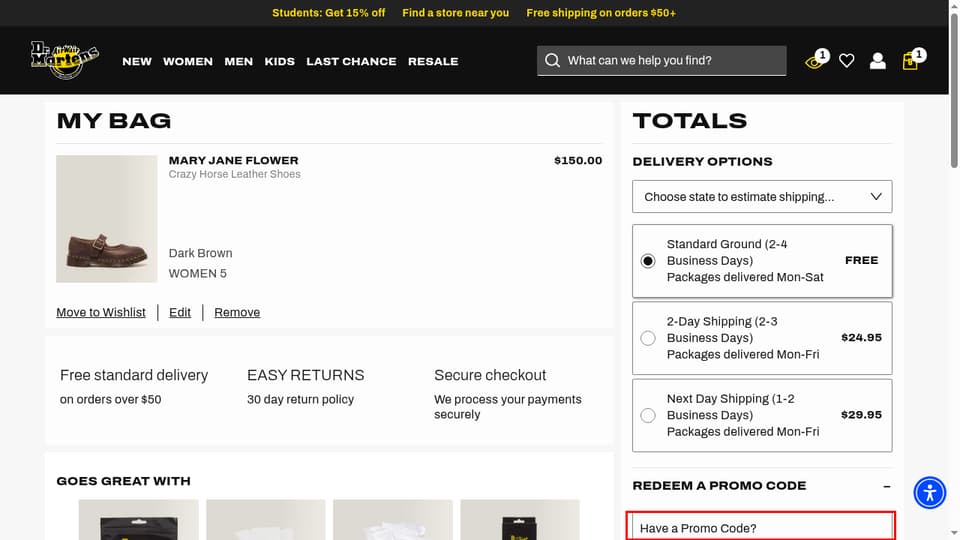 Dr. Martens checkout page showing the Have a Promo Code? field and Apply button