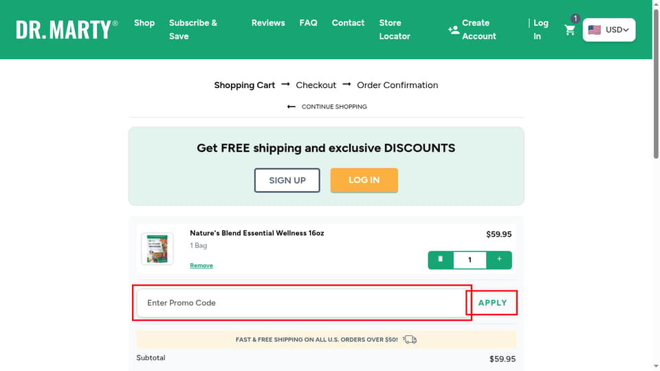 Dr. Marty Pets checkout page showing the Enter Promo Code field and Apply button
