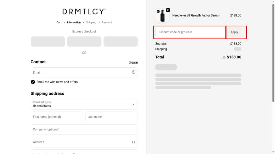 DRMTLGY checkout page showing the Discount code or gift card field and Apply button
