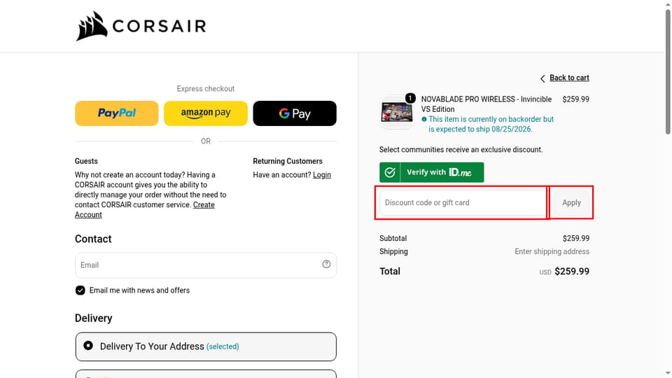 Drop checkout page showing the Discount code or gift card field and Apply button
