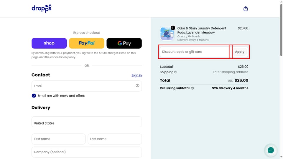 Dropps checkout page showing the Discount code or gift card field and Apply button