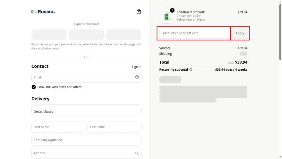 Dr. Michael Ruscio, DC checkout page showing the Discount code or gift card field and Apply button